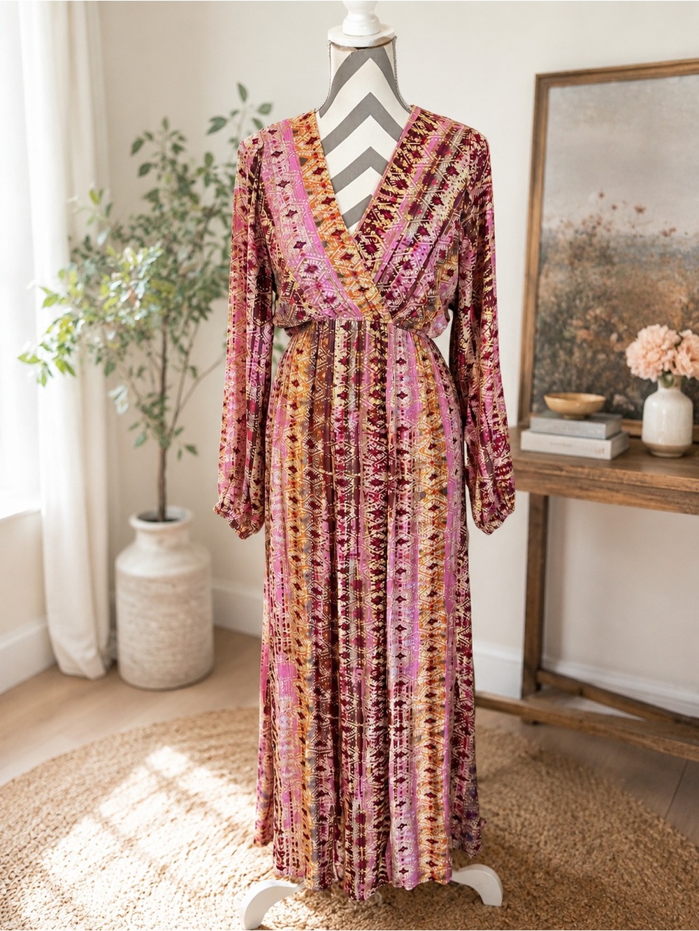 Savanna Jane Boho Pink Long Sleeve V Neck Maxi Dress – Size Large